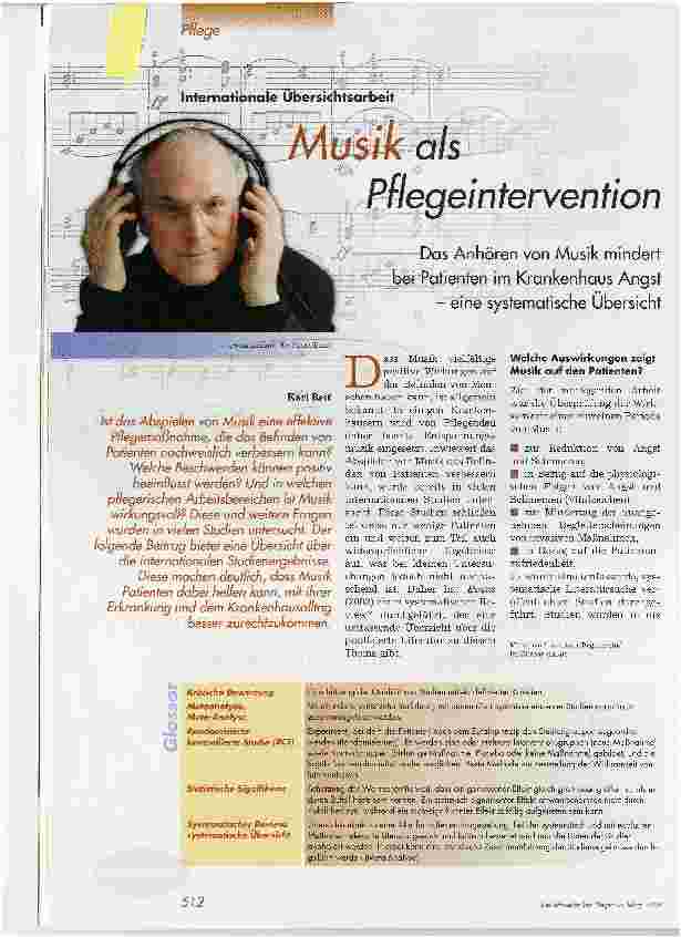 Vorschauseite 1: Musik als PflegeinterventionDas Anhören von Musik mindert bei Patienten im Krankenhaus Angst - eine systematische Übersicht