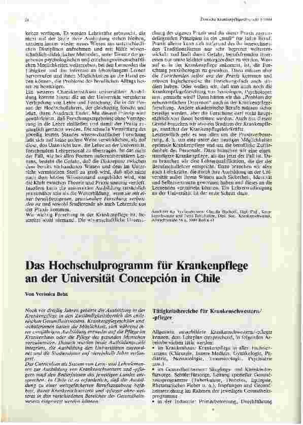 Vorschauseite 1: Das Hochschulprogramm für Krankenpflege an der Universität Concepciön in Chile