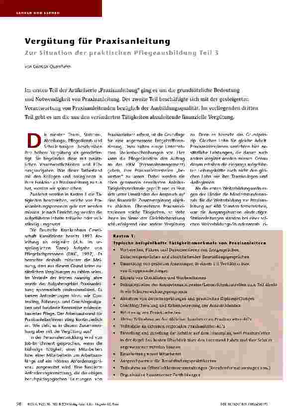 Vorschauseite 1: Vergütung für Praxisanleitung Zur Situation der praktischen Pflegeausbilduna Teil 3