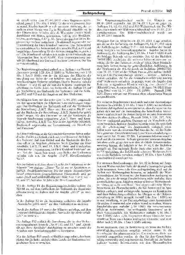 Vorschauseite 2: Zur Frage der erforderlichen Identität der Arzneimittelbezeichnung mit Zulassungsbescheid — „H&S Herzund Kreislauftee AMG §10 15, 10 1 1, 10 VIII