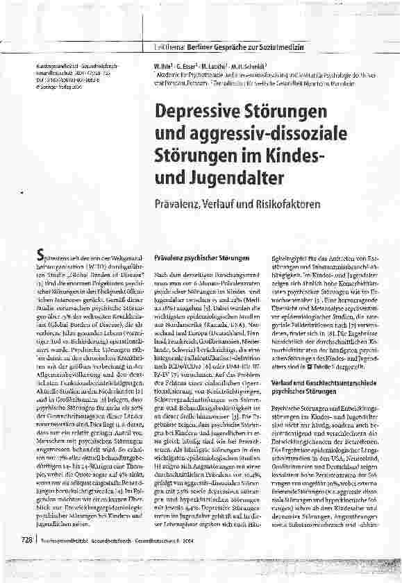 Vorschauseite 1: Depressive Störungen und aggressiv-dissoziale Störungen im Kindes-und JugendalterPrävalenz, Verlauf und Risikofaktoren