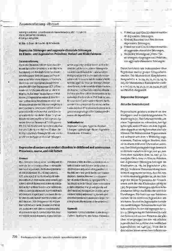 Vorschauseite 3: Depressive Störungen und aggressiv-dissoziale Störungen im Kindes-und JugendalterPrävalenz, Verlauf und Risikofaktoren