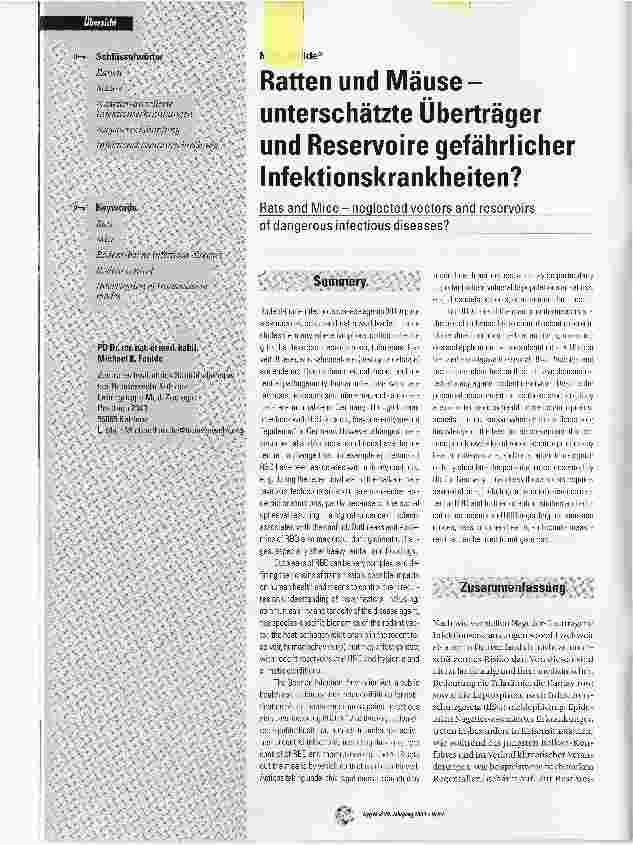 Vorschauseite 1: Ratten und Mäuse - unterschätzte Überträger und Reservoire gefährlicher Infektionskrankheiten?