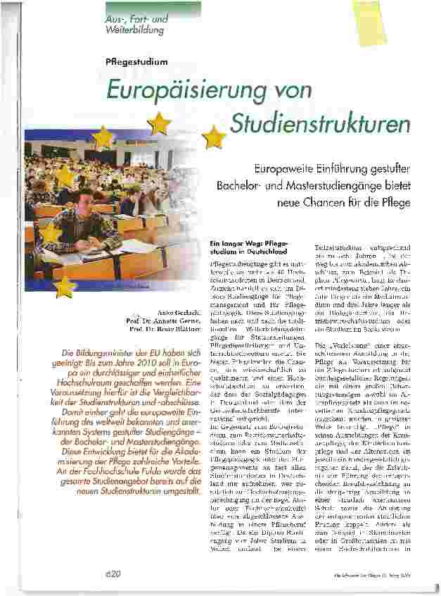 Vorschauseite 1: Europäisierung von StudienstrukturenEuropaweite Einführung gestufterBachelorund Masterstudiengänge bietet neue Chancen für die Pflege