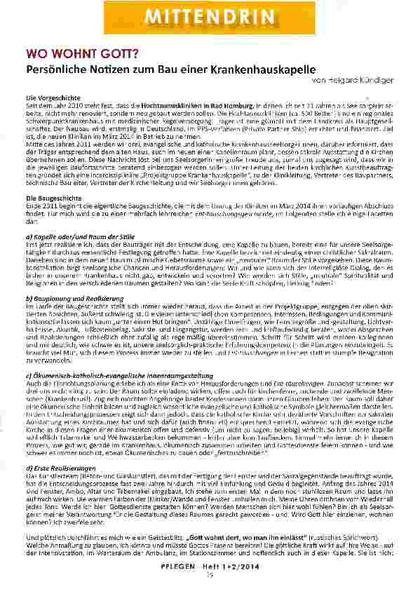 Vorschauseite 1: WO WOHNT GOTT? Persönliche Notizen zum Bau einer Krankenhauskapelle