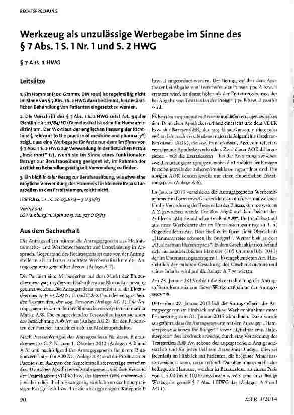 Vorschauseite 1: Werkzeug als unzulässige Werbegabe im Sinne des § 7 Abs. 1 S. 1 Nr. 1 und S. 2 HWG§ 7 Abs. 1 HWG