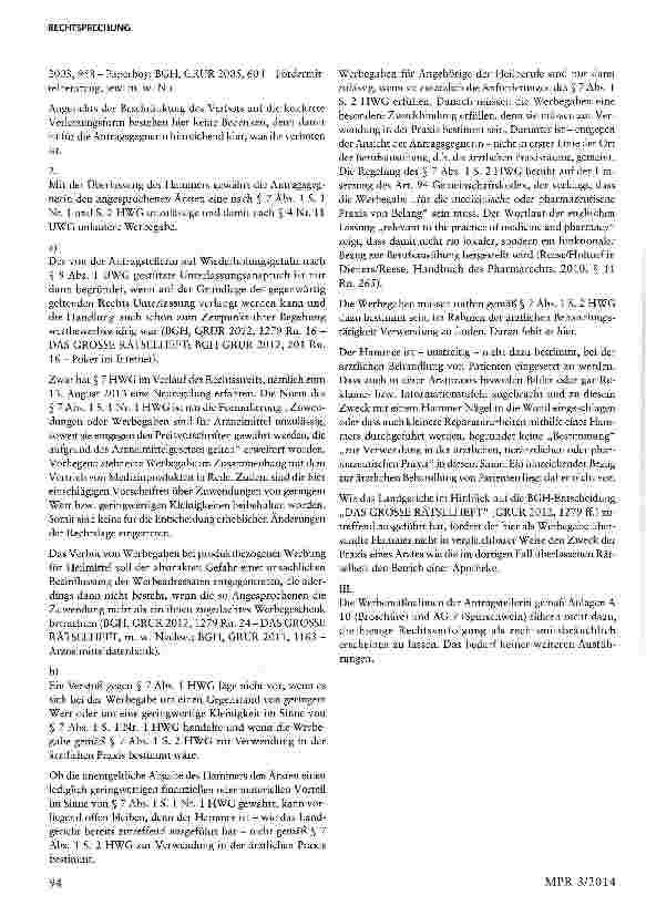 Vorschauseite 5: Werkzeug als unzulässige Werbegabe im Sinne des § 7 Abs. 1 S. 1 Nr. 1 und S. 2 HWG§ 7 Abs. 1 HWG