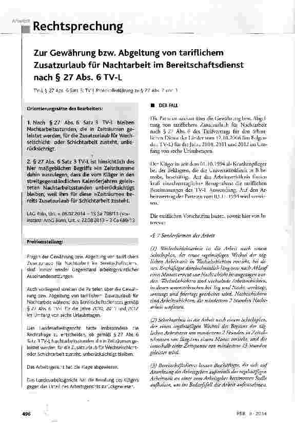 Vorschauseite 1: Zur Gewährung bzw. Abgeltung von tariflichem Zusatzurlaub für Nachtarbeit im ereitschaftsdienst nach § 27 Abs. 6 TV-L TV-L § 27 Abs. 6 Satz 3; TV-L ProtokollerkLärung zu § 27 Abs.…