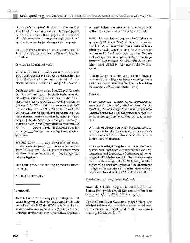 Vorschauseite 5: Zur Gewährung bzw. Abgeltung von tariflichem Zusatzurlaub für Nachtarbeit im ereitschaftsdienst nach § 27 Abs. 6 TV-L TV-L § 27 Abs. 6 Satz 3; TV-L ProtokollerkLärung zu § 27 Abs.…