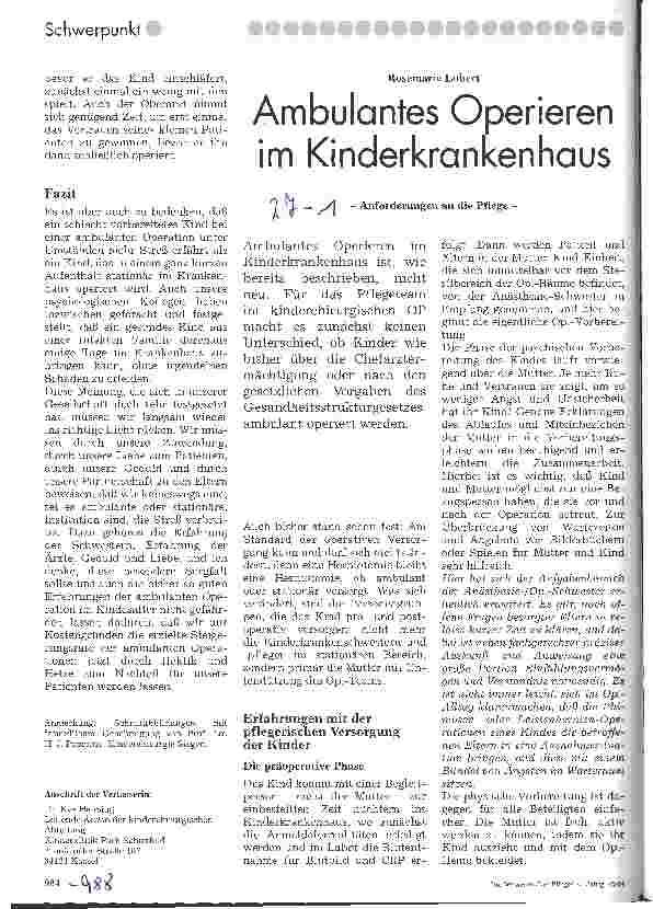 Vorschauseite 1: Ambulantes Operieren im Kinderkrankenhaus Anforderungen an die Pflege