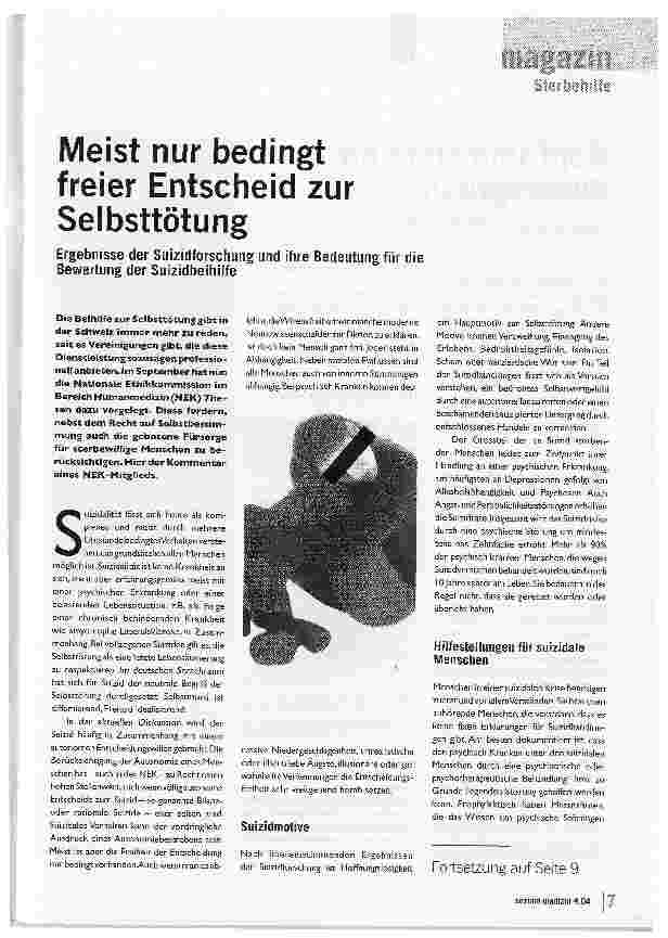 Vorschauseite 1: Meist nur bedingt freier Entscheid zur SelbsttötungErgebnisse der Suizidforschung und ihre Bedeutung für die Bewertung der Suizidbeihilfe