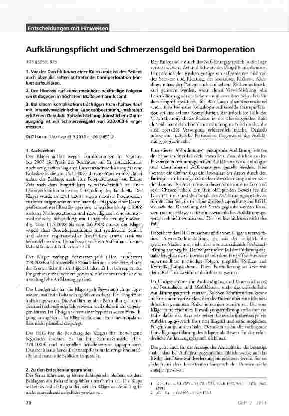 Vorschauseite 1: Aufklärungspflicht und Schmerzensgeld bei Darmoperation