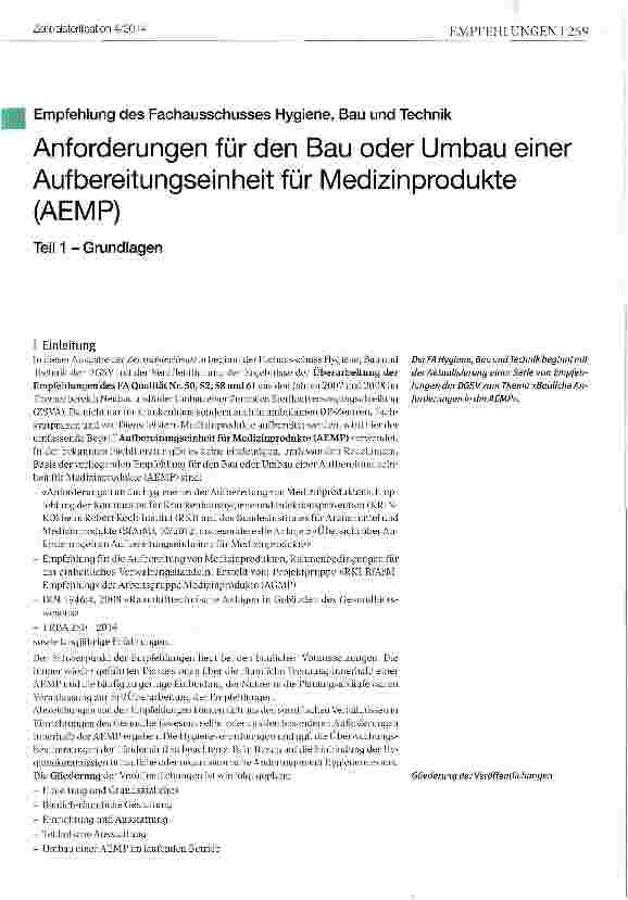 Vorschauseite 1: Anforderungen für den Bau oder Umbau einer Aufbereltungseinheit für Medizinprodukte (AEMP)Teil 1 - Grundlagen