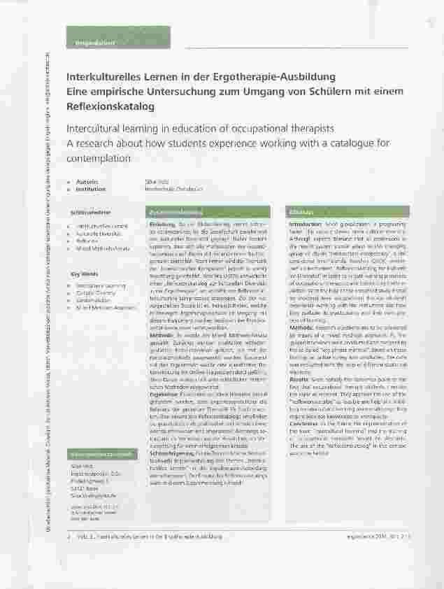 Vorschauseite 1: Interkulturelles Lernen in der Ergotherapie-AusbildungEine empirische Untersuchung zum Umgang von Schülern mit einemRefiexionskatalog