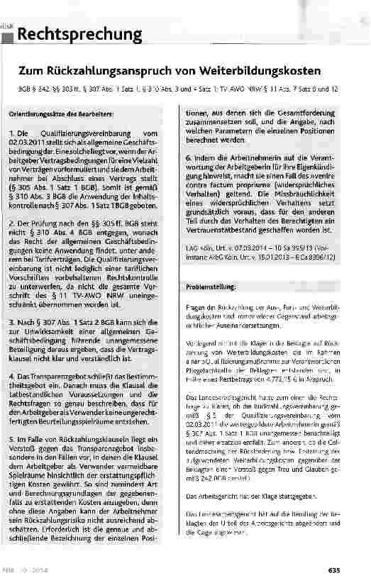 Vorschauseite 1: Zum Rückzahlungsanspruch von Weiterbildungskosten
