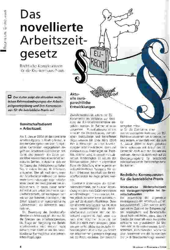 Vorschauseite 1: Das novellierte ArbeitszeitgesetzRechtliche Konsequenzen für die Krankenhaus-Praxis