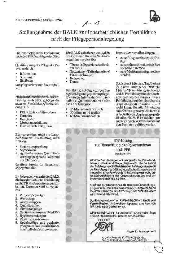 Vorschauseite 1: Stellungnahme der BALK zur Innerbetrieblichen Fortbildung nach der Pflegepersonalregelung (PPR)
