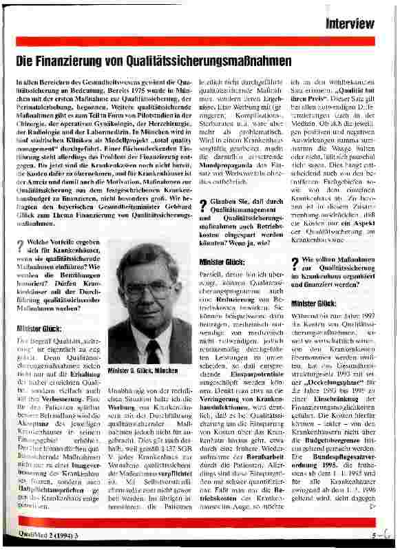 Vorschauseite 1: Die Finanzierung von Qualitätssicherungsmaßnahmen Interview mit Minister G. Glück, München