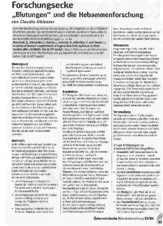 Vorschauseite 1: Forschungsecke.Blutungen und die Hebammenforschung