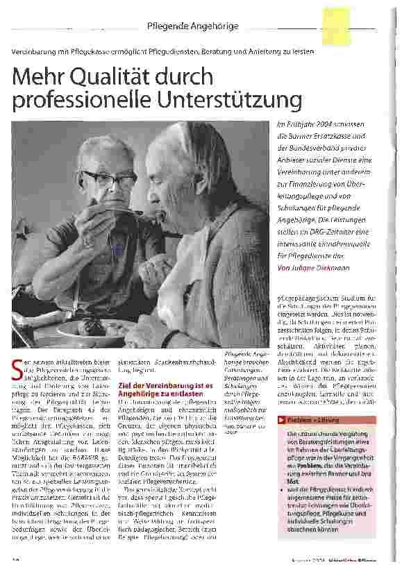 Vorschauseite 1: Mehr Qualität durch professionelle UnterstützungVereinbarung mit Pflegekasse ermöglicht Pflegediensten, Beratung und Anleitung zu leisten