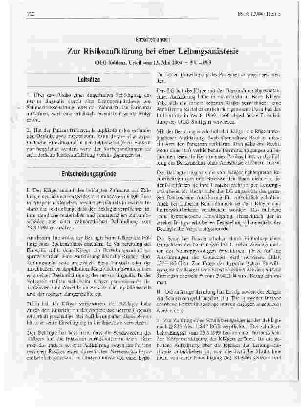 Vorschauseite 1: Zur Risikoaufklärung bei einer Leitungsanästesie