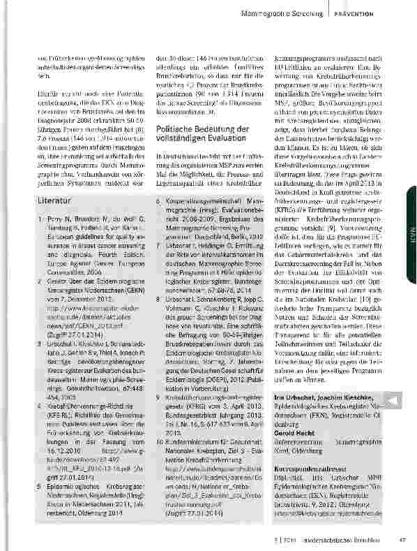 Vorschauseite 4: Programm-Screening, Brustkrebsinzidenz, Tumorstadienverteilung und Intervallkarzinomhäufigkeit nach Einführung des Mammographie-Screening-Programms in Niedersachsen,