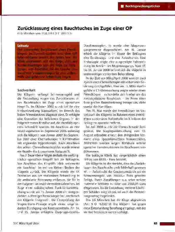 Vorschauseite 1: Zurücklassung eines Bauchtuches im Zuge einer OP