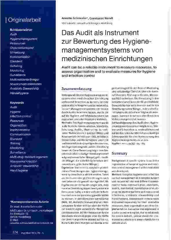 Vorschauseite 1: Das Audit als Instrument zur Bewertung des Hygiene-managementsystems von medizinischen Einrichtungen