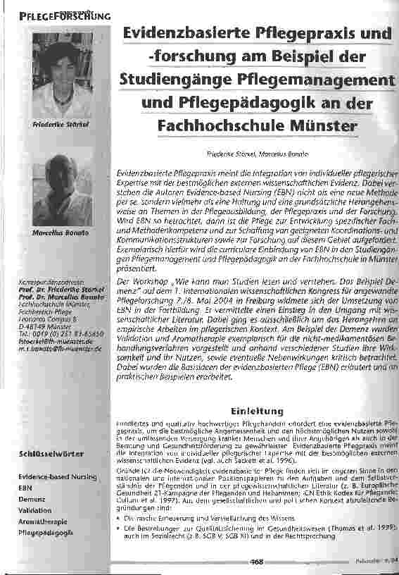 Vorschauseite 1: Evidenzbasierte Pflegepraxis und -forschung am Beispiel derStudiengänge Pflegemanagement und Pflegepädagogik an der Fachhochschule Münster
