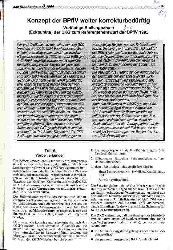 Vorschauseite 1: Konzept der BPflV weiter korrekturbedürftig Vorläufige Stellungnahme (Eckpunkte) der DKG zum Referentenentwurf der BPflV 95