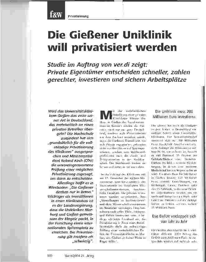 Vorschauseite 1: Die Gießener Uniklinik will privatisiert werden