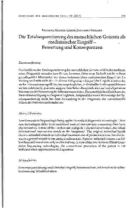 Vorschauseite 1: Die Totalsequenzierung des menschlichen Genoms als medizinischer Eingriff -Bewertung und Konsequenzen