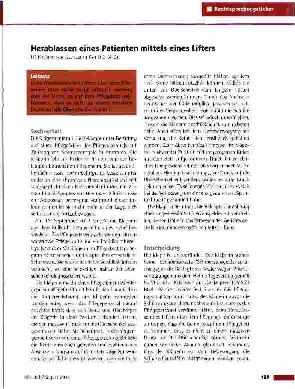 Vorschauseite 1: Herablassen eines Patienten mittels eines Lifters LG Bochum vom 26.3.2014 (1-4 0 218/13)