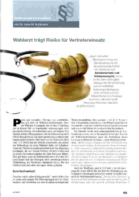 Vorschauseite 1: Wahlarzt trägt Risiko für Vertretereinsatz