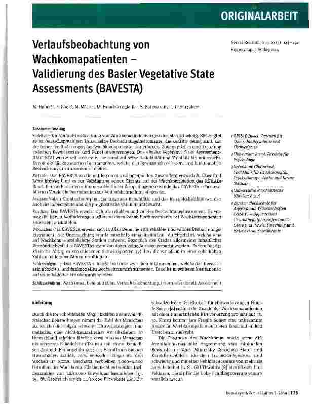 Vorschauseite 1: Verlaufsbeobachtung von Wachkomapatienten -Validierung des Basler Vegetative State Assessments (BAVESTA)