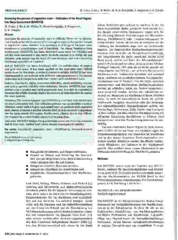 Vorschauseite 2: Verlaufsbeobachtung von Wachkomapatienten -Validierung des Basler Vegetative State Assessments (BAVESTA)