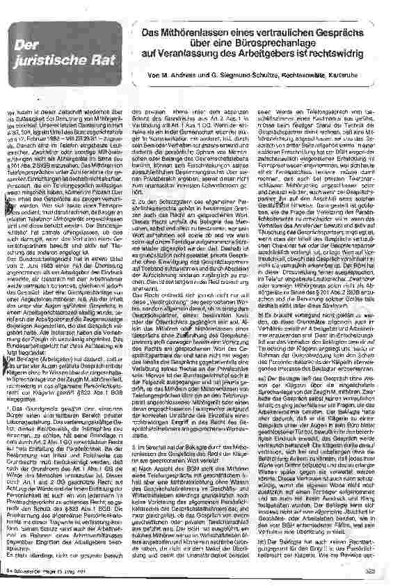 Vorschauseite 1: Das Mithörenlassen eines vertraulichen Gesprächs über die Bürosprechanlage auf Veranlassung des Arbeitgebers ist rechtswidrig