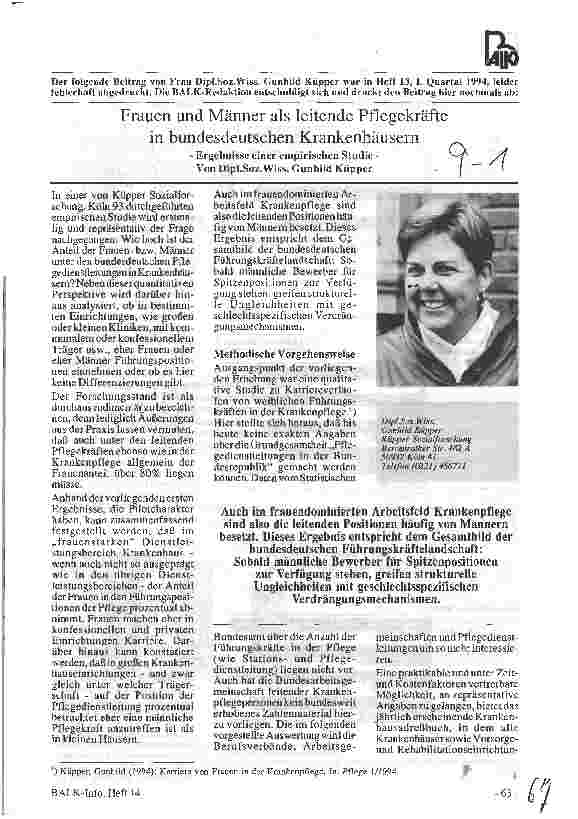 Vorschauseite 1: Frauen und Männer als leitende Pflegekräfte in bundesdeutschen Krankenhäusern. Ergebnisse einer empirischen Studie