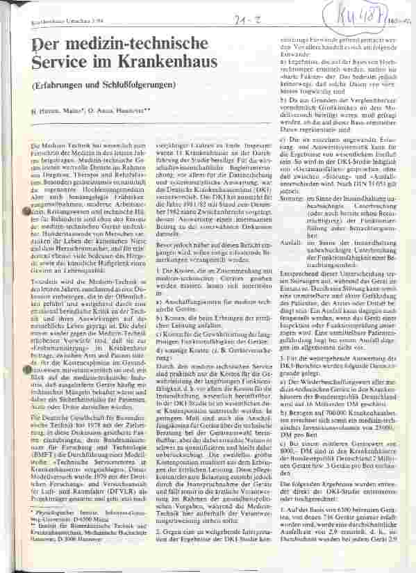 Vorschauseite 1: Der medizin-technische Service im Krankenhaus (Erfahrungen und Schlußfolgerungen