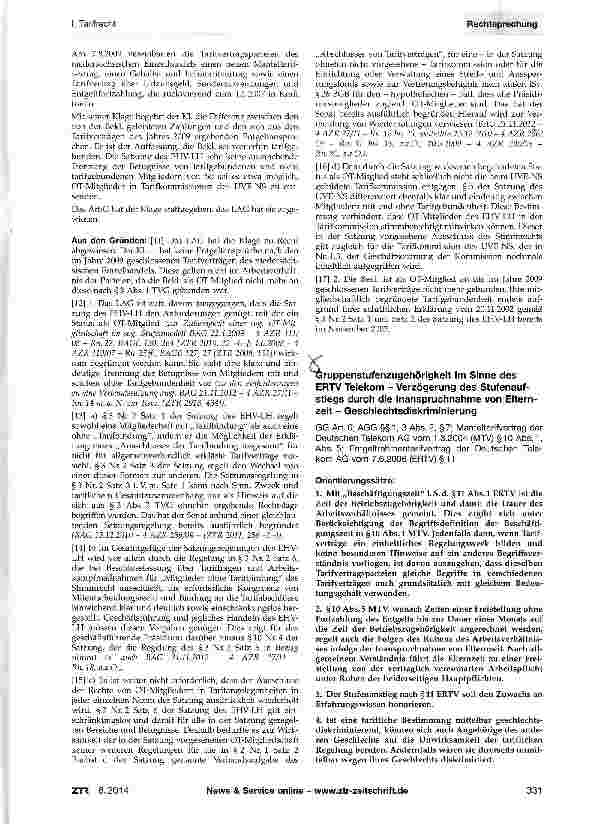 Vorschauseite 1: Gruppenstufenzugehörigkeit im Sinne des ERTV Telekom - Verzögerung des Stufenaufstiegs durch die Inanspruchnahme von Elternzeit - Geschlechtsdiskriminierung