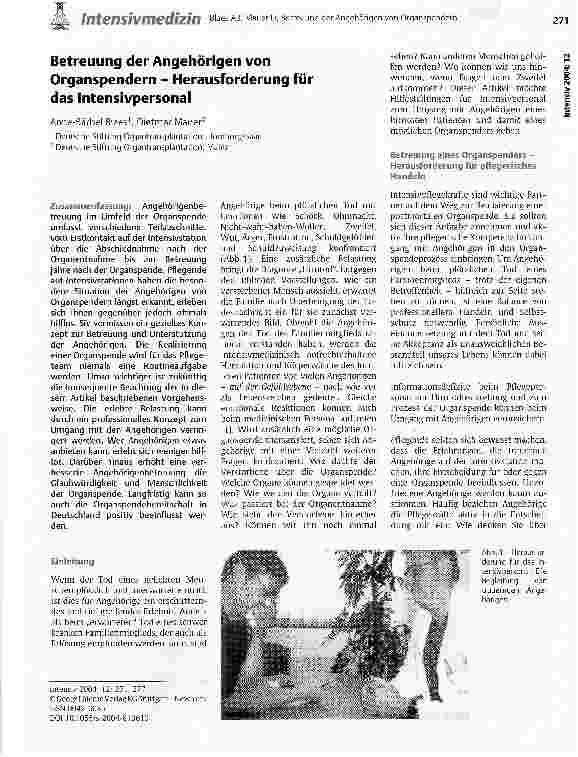 Vorschauseite 1: Betreuung der Angehörigen von Organspendern - Herausforderung für das Intensivpersonal