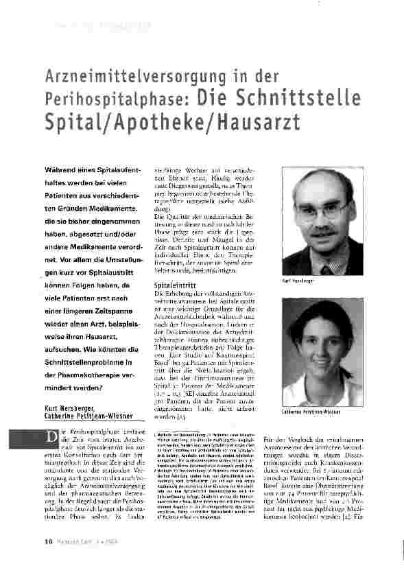 Vorschauseite 1: Arzneimittelversorgung in derPerihospitaiphase: Die Schnittstelle Spital/Apotheke/Hausarzt