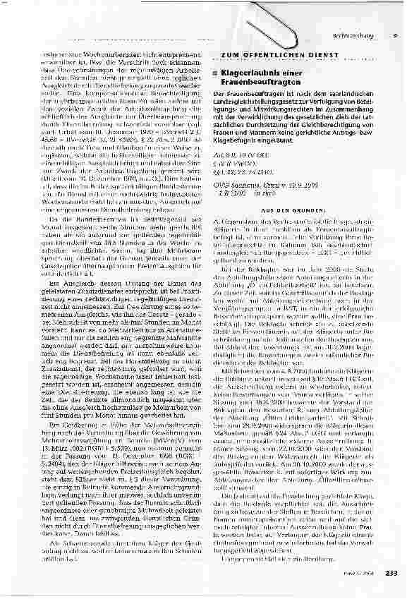 Vorschauseite 1: ZUM ÖFFENTLICHEN DIENSTKlageerlaubnis einer Frauenbeauftragten
