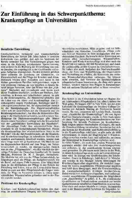 Vorschauseite 1: Zur Einführung in das Schwerpunktthema: Krankenpflege an Universitäten