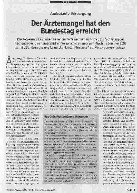 Vorschauseite 1: Der Ärztemangel hat den Bundestag erreicht