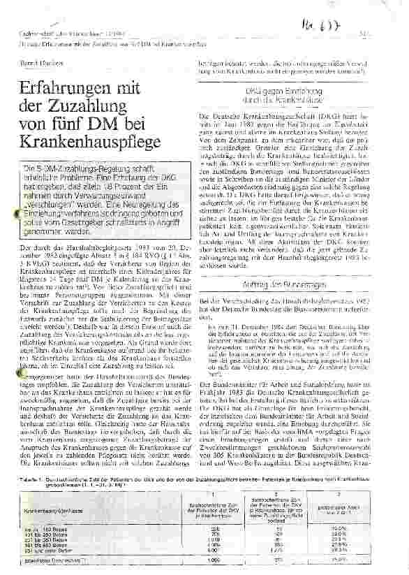 Vorschauseite 1: Erfahrungen mit der Zuzahlung von fünf Mark bei Krankenhauspflege