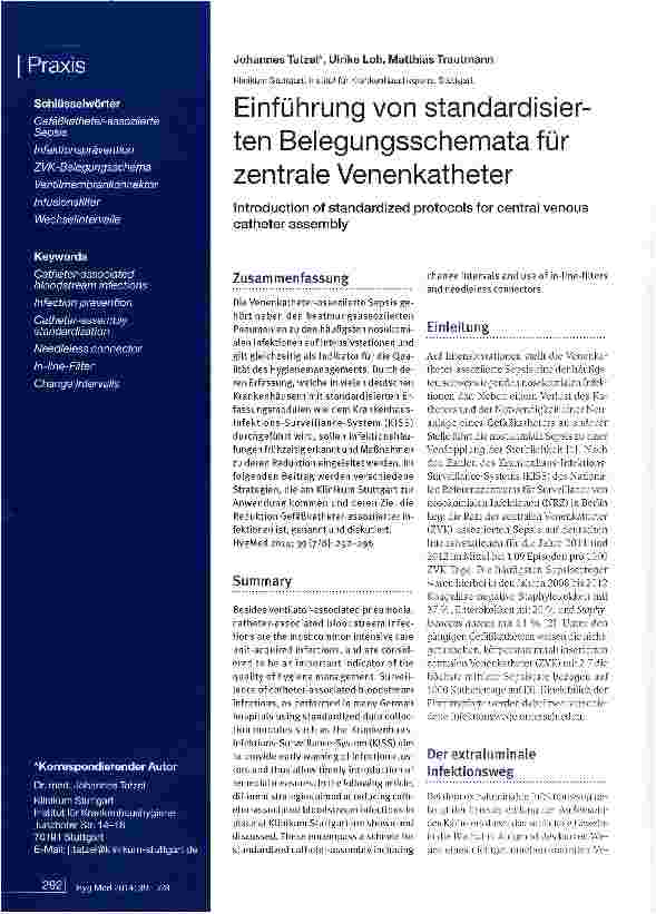 Vorschauseite 1: Einführung von standardisierten Belegungsschemata für zentrale Venenkatheter