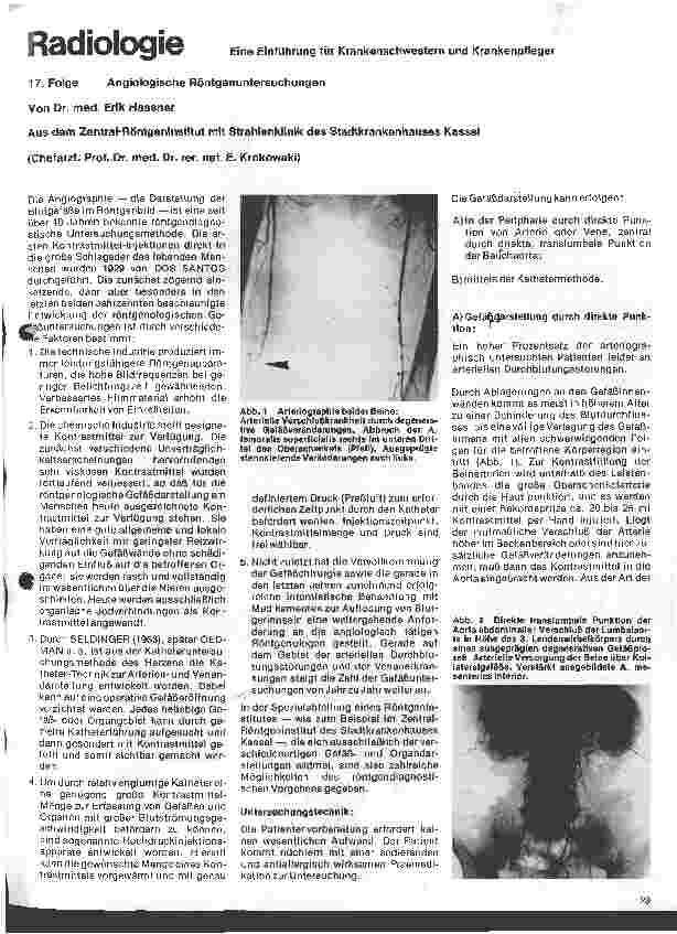Vorschauseite 1: Radiologie Eine Einführung für Krankenschwestern u. Krankenpfleger 17. Folge: Angiologische Röntgenuntersuchungen