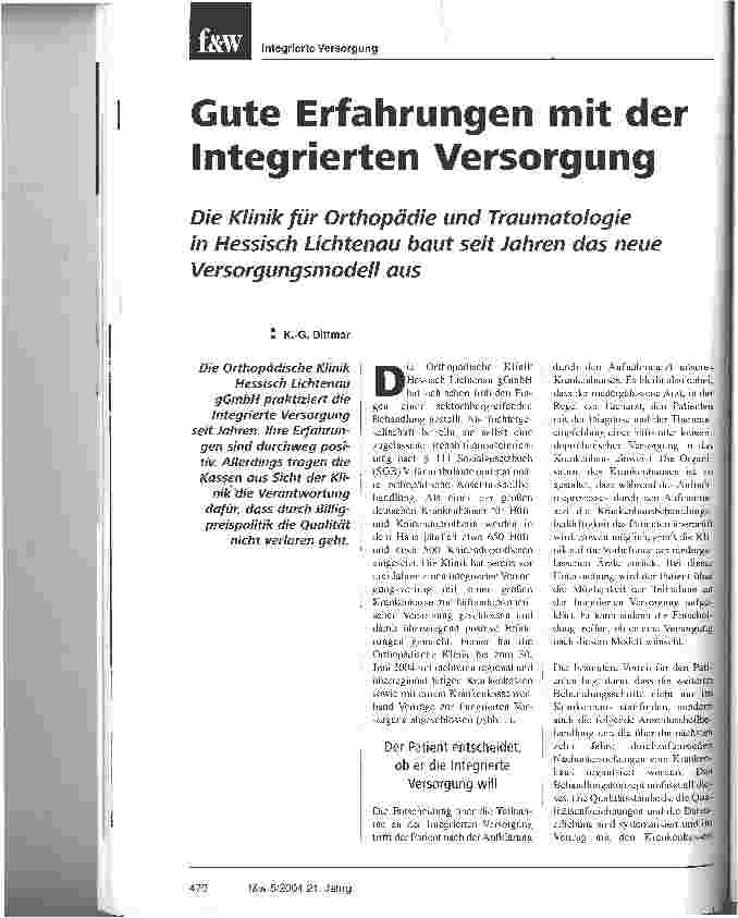 Vorschauseite 1: Gute Erfahrungen mit der Integrierten VersorgungDie Klinik für Orthopädie und Traumatologie in Hessisch Lichtenau baut seit Jahren das neue Versorgungsmodell aus
