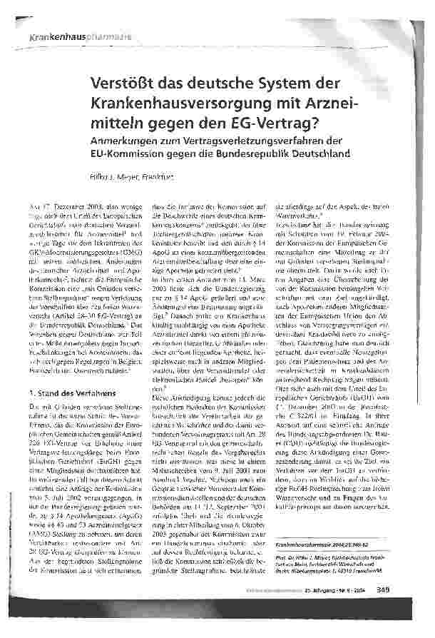 Vorschauseite 1: Verstößt das deutsche System der Krankenhausversorgung mit Arznei mitteln gegen den EG-Vertrag? Anmerkungen zum Vertragsverletzungsverfahren der EU-Kommission gegen die Bundesrepu…